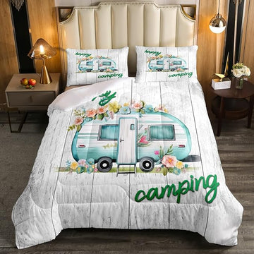 Girls Camper Comforter Set Camping Car Floral Down Comforter Twin Size Rustic Farmhouse Theme Bedding Set Camping Decor Retro Chic Flower Quilted Duvet Old Barn Door Vintage Wooden Style Duvet Set