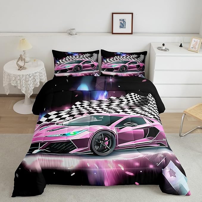 Pink Race Car Bedding Set King Size,Racing Flag Black White Lattice Duvet Cover with 2 Pillowcases,Extreme Sport Game Comforter Cover for Kids Youths Boys Girls Room Decor,Modern Quilt Cover