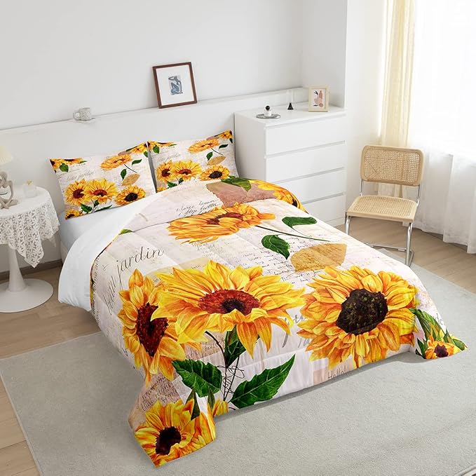 Vintage Sunflowers Comforter Full Size Yellow Floral Bedding Sets Girls Child Youth Tropical Sunflower Print Down Comforter Old Fashioned Quilt Flower Blossoms Bedding Comforter Set Nature Theme