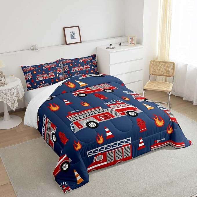 Cartoon Car Bedding Set Fire Truck Comforter Set for Kids Boys Girls Teens Room Decor Firefighter Comforter Firemen Car Vehicle Fire Engine Blue Red Duvet Set 3Pcs King Size Boys
