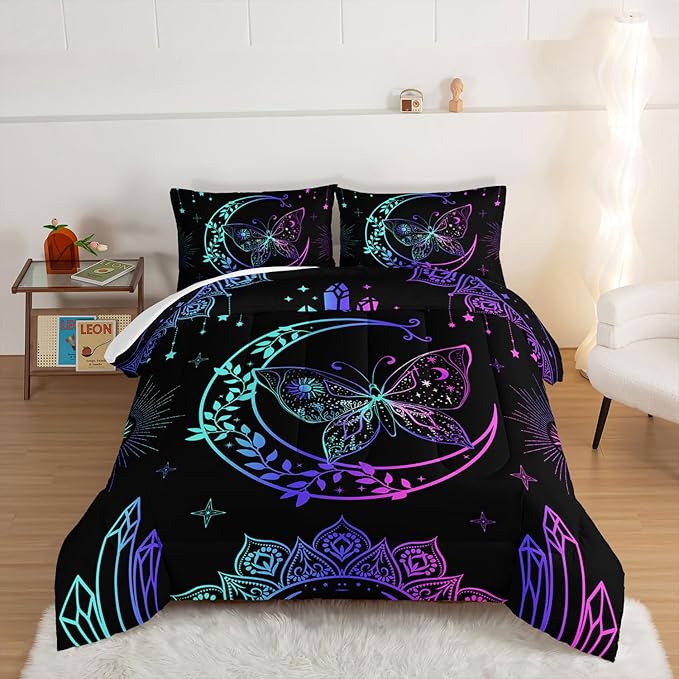 HOSIMA Butterfly Comforter Set 3Piece with 2 Pillowcases,Black Comforter Butterfly Aesthetics Room Decor,Boho Mandala Comforter Butterfly Bedding Set for Girls,Bohemian King Size Comforter Set.