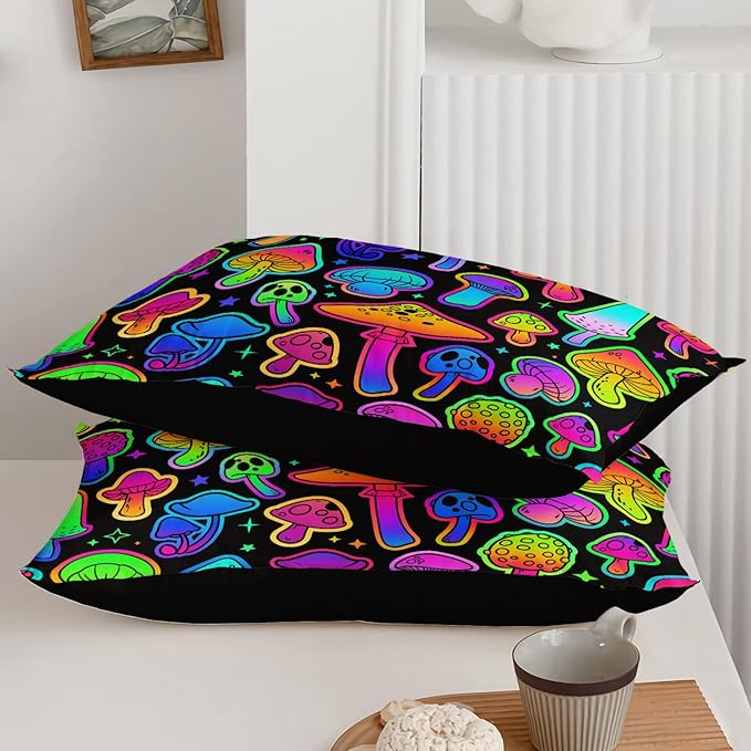 Mushroom Comforter Set Kids Bedding Set Queen,3Pcs Colorful Soft Black Gradient Mushroom Quilt Set Bed in A Bag with 1 Comforter 2 Pillowcases for Kids Boys Girls Teens Adults Room Decor All Season