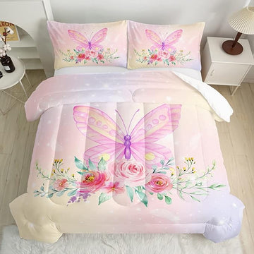 CVHOUSE Butterfly Comforter Set,Floral Butterfly Bedding Set for Girls Kids Teens,Flower Butterflies Comforter Butterflies Duvet Set Room Decor Quilt Set Twin Size