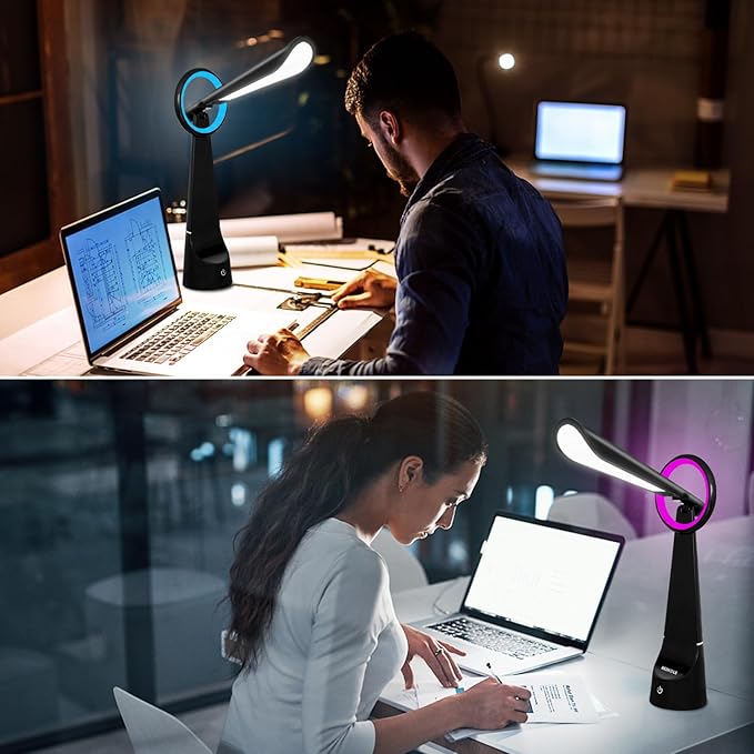 Upgraded LED Desk Lamp Also A Night Light with 7 Colours Change, Eye-Caring Table Lamp with USB Charging Port Suitable for Table Bedroom Bedside Office Study,8W (Black)