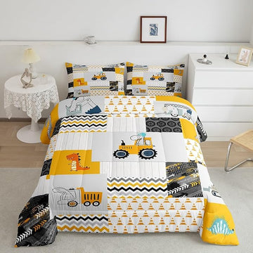 Construction Comforter Set Full Size Kids Cartoon Car Excavator Tractor Toddler Comforter Equipment Trucks Plaid Grid Yellow Comforter Set Construction Vehicles Duvet Set Quilt Set
