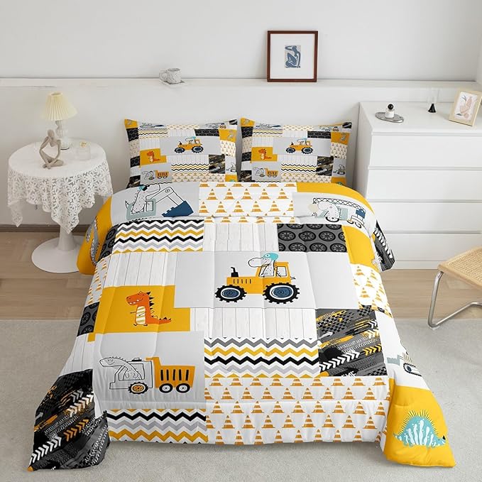 Construction Comforter Set Full Size Kids Cartoon Car Excavator Tractor Toddler Comforter Equipment Trucks Plaid Grid Yellow Comforter Set Construction Vehicles Duvet Set Quilt Set