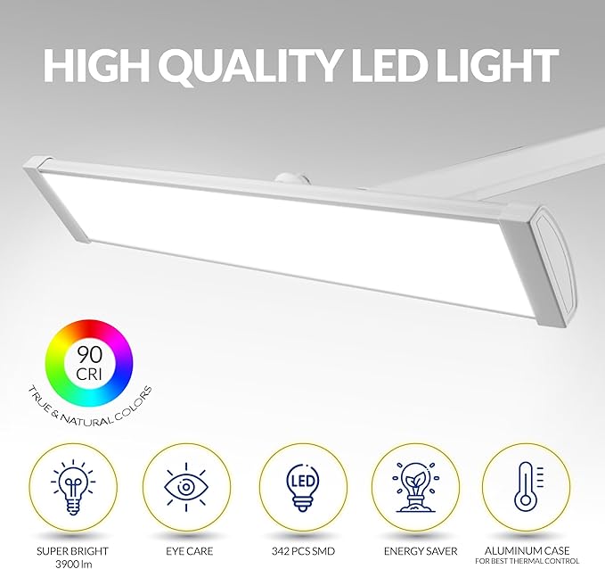 Ultra Bright 3900 Lumens Powerful Professional Eye Care LED Desk Lamp, Brightness Adjustable, Task Light for Home, Beauty, Crafting, Office, Workbench (Daylight, Dimming, White)