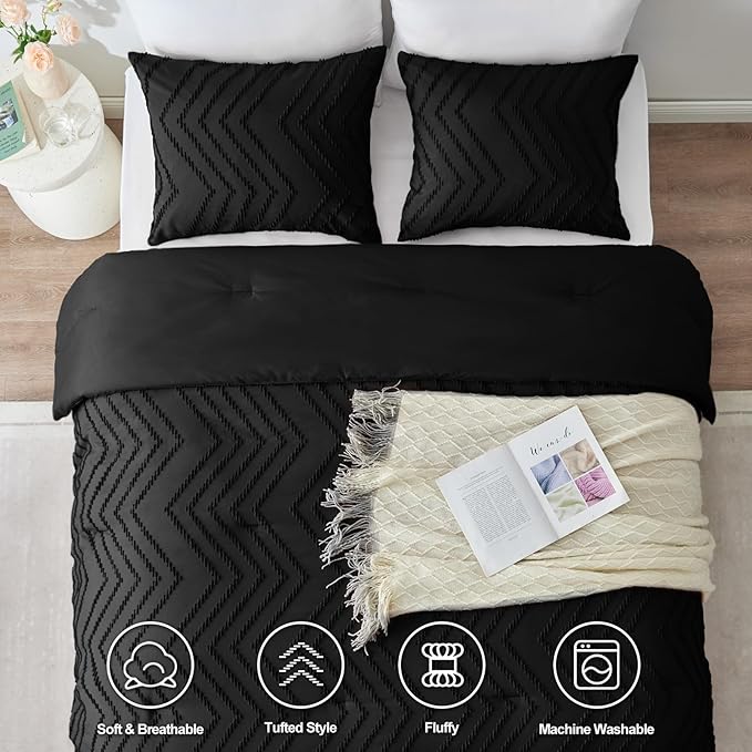 CozyLux Twin/Twin XL Size Comforter Set Black - 2 Pieces Black Boho Tufted Shabby Chic Bedding Comforter Set for All Seasons, Chevron Bedding Sets with Comforter & 1 Pillow Shams