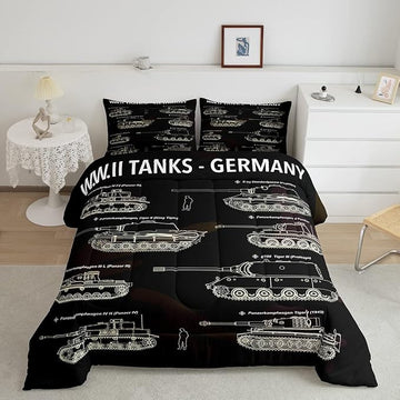 Tank Comforter Set King, War Theme Bedding Set, Soldier Dirt Bike Camouflage Army Acting Down Comforter for Kid Boy Teen Men,Camo Vintage Style Quilt Set, Military Vehicle Duvet Set Room Decor