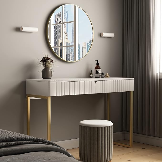Elegant Modern Desk, 2 Drawers, Gold Legs, 43.3x15.75 inches, Home Office, Makeup Vanity, Computer, Writing, Study, Entryway, Sofa Table