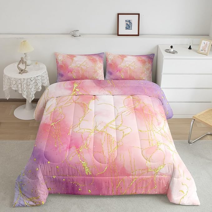 Pink Tie Dye Comforter Set, Marble Art Bedding for Boys Girls Teens Women, Glitter Marbling Printed Bedding Comforter Sets Pastel Aesthetic Duvet Insert Marble Bedroom Decor with 2 Pillowcases, Queen