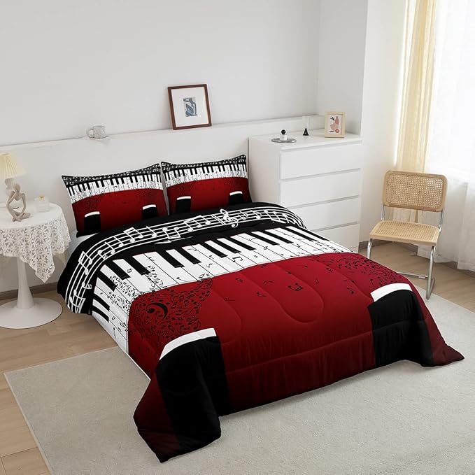Erosebridal Music Notes Comforter Set for Kids Boys Teens Men Piano Keys Down Comforter Queen Size Rock Musical Bedding Set Play Piano Duvet Sets Music Bedroom decor with 2 Pillow Cases Red Black