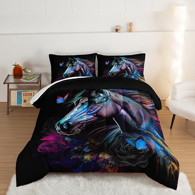 HOSIMA 3 Pieces Art Horse Comforter Set with 2 Pillowcases,Wildlife Horse Butterfly Black Comforter Boys Teens Aesthetic Room Decor,Animal Bedding Twin Bed in a Bag Sets for adults.