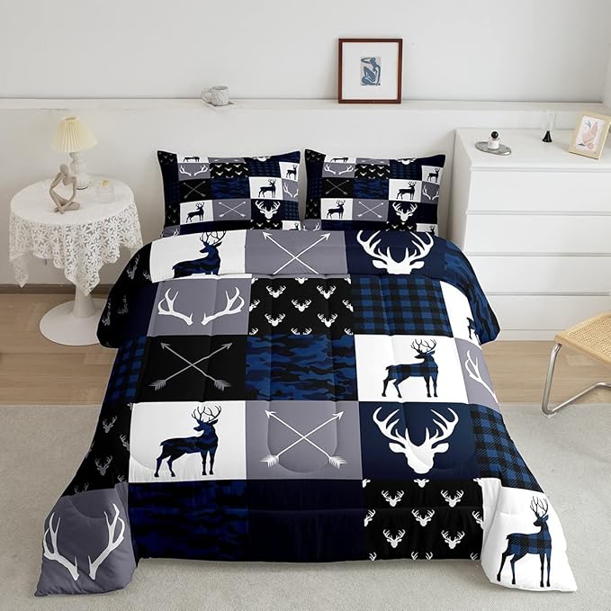Manfei Camo Deer Antlers Comforter Set Twin,Geometric Plaid Patchwork Bedding Set 2pcs for Kids Teens Girls Boys Room Decor,Boho Arrow Xmas Quilt Set,Blue Grey Duvet Insert with 1 Pillowcase