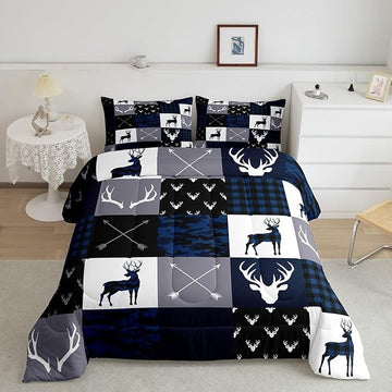 Manfei Camo Deer Antlers Comforter Set King Size,Geometric Plaid Patchwork Bedding 3pcs for Kids Teens Girls Boys Bedroom/Xmas Decor,Boho Arrows Quilt Set,Blue Grey Rustic Duvet Insert,2 Pillowcases