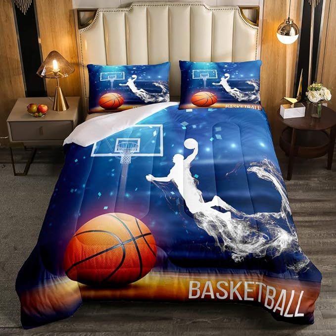 Erosebridal Boys Basketball Comforter Set Twin Size Basketball Player Quilted Duvet Competitive Sports Game Bedding Set for Kids Teens Man Arena Tie Dye Duvet Set, Blue Room Decorative