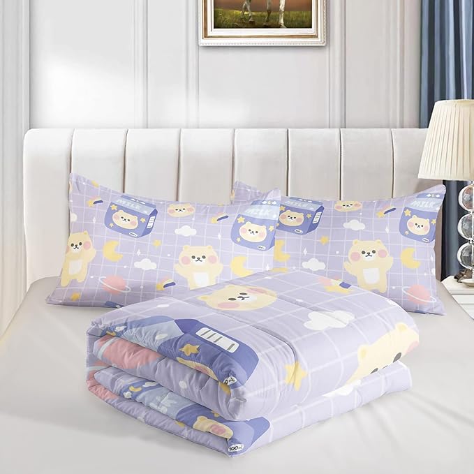 Bear Comforter King Size,Kawaii Comforter Set for Kids Teens Girls,3Pcs Bedding Set Printed Comforter with 2 Pillowcases,Down Alternative,Soft and Lightweight(Purple，King Size)