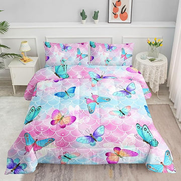 Datura home Kids Comforter Set Mermaid Scale Butterfly Printed Pattern Bedding Set with 1 Comforter and 2 Pillowcases for Girls Boys Bedroom All Season(Mermaid Queen)