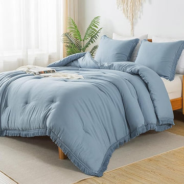 Andency Grayish Blue Comforter Set Full Size, 3 Pieces Boho Tassel Lightweight Bedding Comforter Sets, All Season Soft Fluffy Fringe Bed Set (79x90In Comforter & 2 Pillowcases)