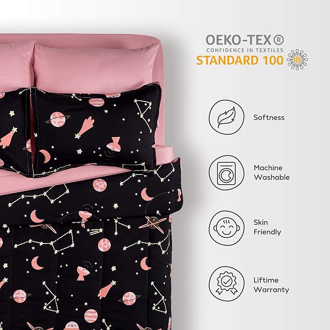 SLEEP ZONE Kids Twin Bedding Comforter Set - Super Cute & Soft Kids Bedding 5 Pieces Set with Comforter, Sheet, Pillowcase & Sham (Pink Galaxy)
