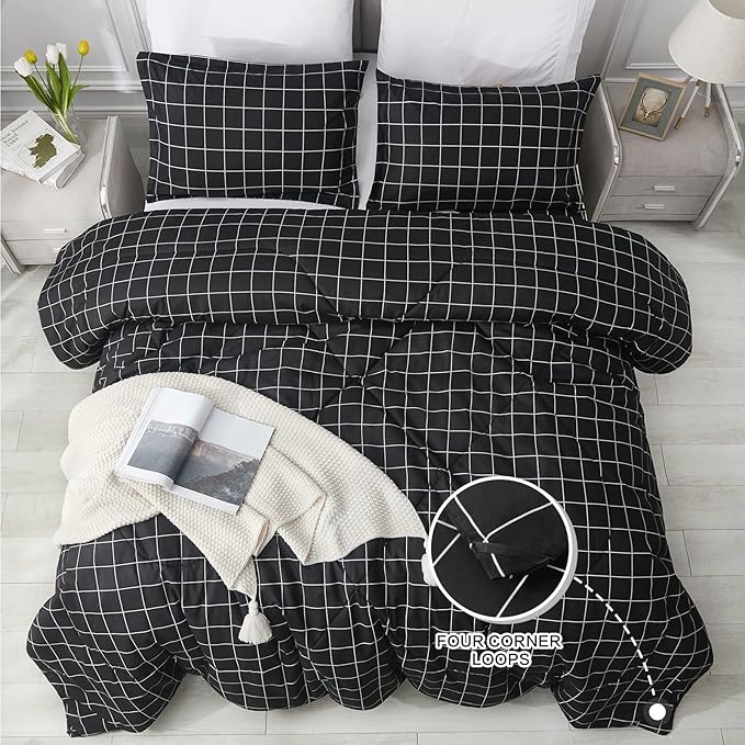 Andency Black Grid Comforter Set Twin Size (66x90 Inch), 2 Pieces(1 Grid Comforter and 1 Pillowcase), Summer Lightweight Microfiber Down Alternative Black Comforter with White Lines for Kids Girls