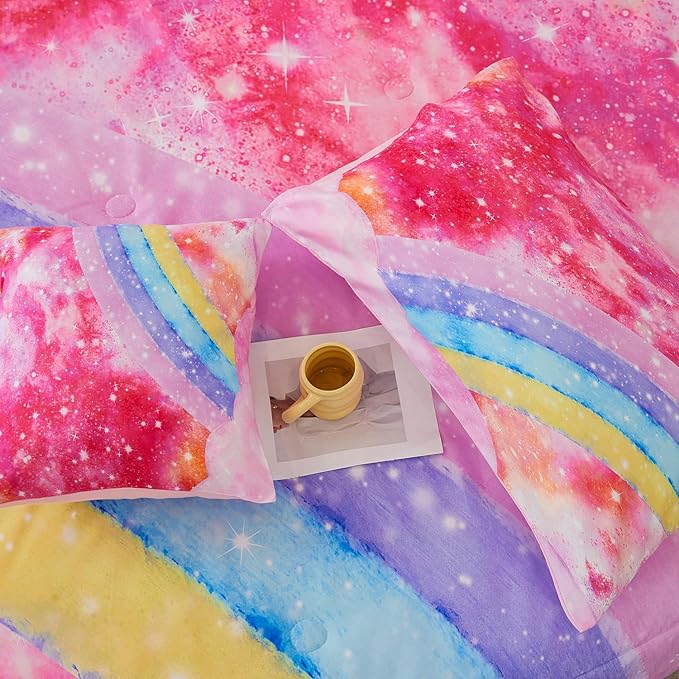6 Pieces Rainbow Queen Size Bed in A Bag for Girls/Kids/Teens, Colorful Sparkle Tie Dye Girls Comforter Set, Soft Sparkle Glitter Galaxy Bed Sets for All Season