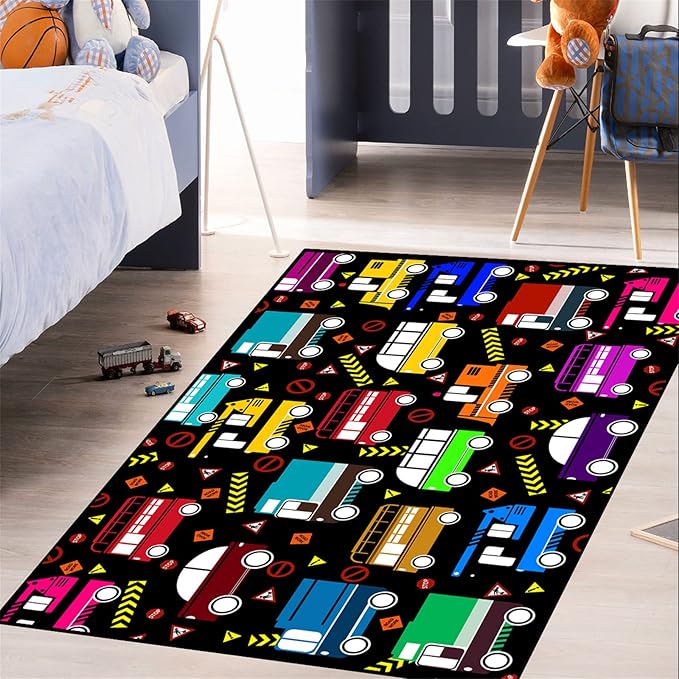 Car Play Mat Kids Rugs for Playroom Car Track Rug Kids Mat Construction Play Mat Car Play Rug Car Carpet for Kids Carpet for Bedroom Truck Rugs for Boys Room,Black 3'×5'