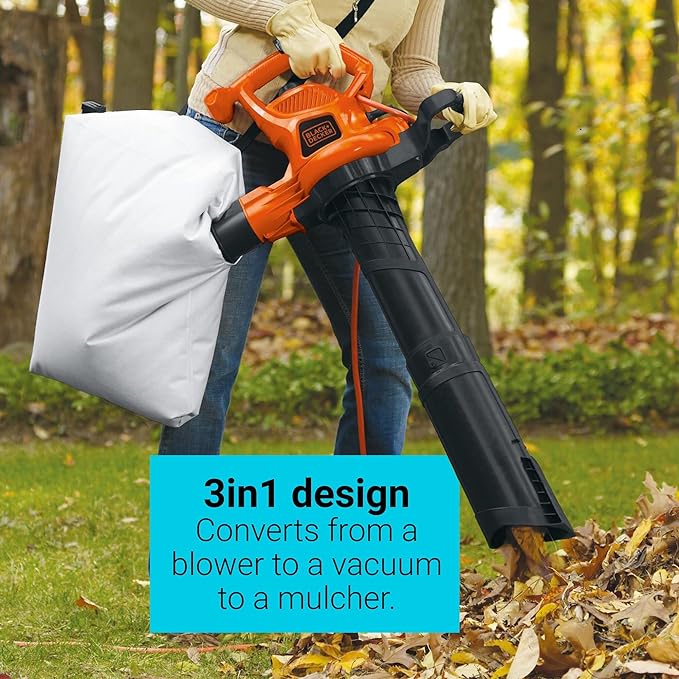 BLACK+DECKER 3-in-1 Leaf Blower, Leaf Vacuum and Mulcher, Up to 230 MPH, 12 Amp, Corded Electric (BV3600)