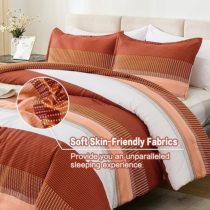 Litanika Burnt Orange Twin/Twin XL Bed Comforter Set, 2 Pieces Boho Terracotta Stripe Colorblock Bedding Comforter Set, Rust Fluffy Bed Set (66x90In Comforter & 1 Pillowcase)