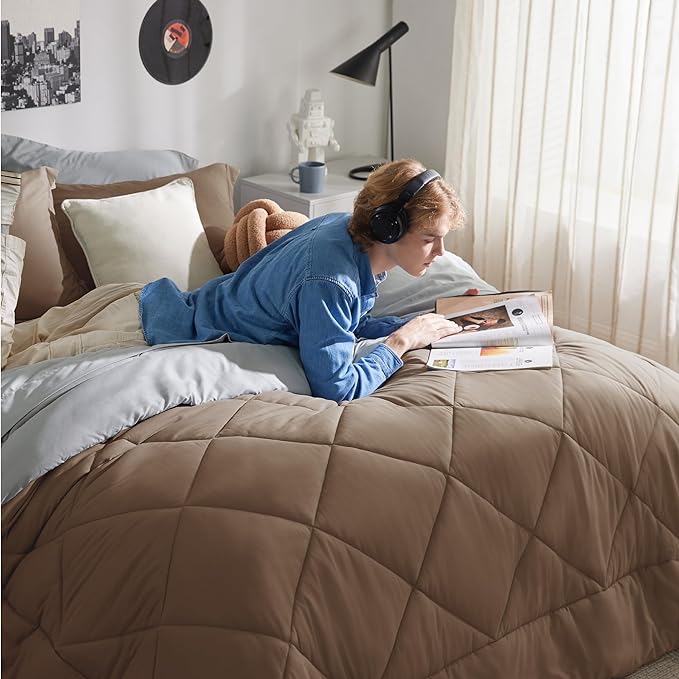 Bedsure Brown Full Size Comforter Set - 7 Pieces Reversible Full Bed in a Bag, Full Bed Set Brown and Grey with Comforters, Sheets, Pillowcases & Shams
