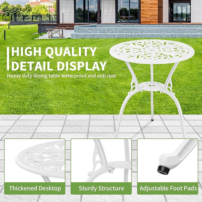 3 Piece Patio Set Outdoor Cast Aluminum Patio Bistro Table and Chairs Set of 2,All Weather Outdoor Bistro Sets with 1.97" Umbrella Hole for Front Porch Set,Garden(White)