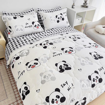 7 Piece Kids Panda Comforter Set Full Size - Black White Cute Panda Bedding Set Bed in A Bag for Girls Boys Teens - Soft Comfortable Machine Washable Bed Set