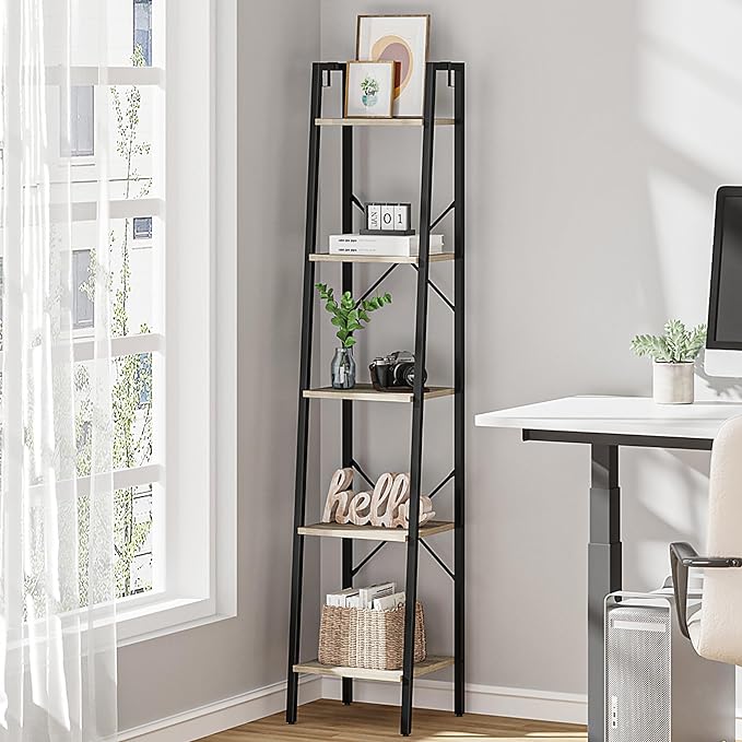 Ladder Shelf, Bookshelf Bookcase, Freestanding Corner Storage Shelve with 2 Hooks for Home Office, Living Room, Kitchen, Bedroom, Industrial, 5-Tier Greige BC03205B