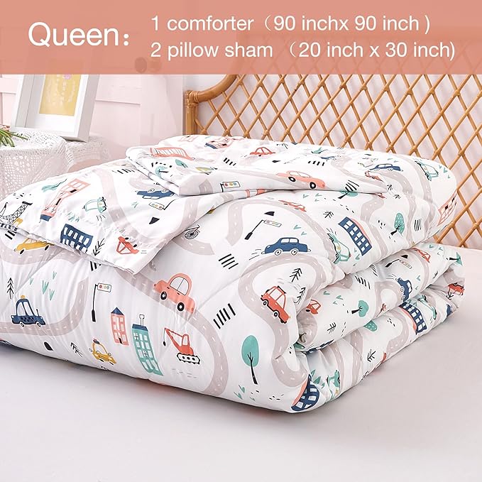 JSD Car Kids Printed Comforter Set for Boys Girls, 3 Pieces Queen Microfiber Comforter with Pillow Sham, Soft Comfortable Machine Washable
