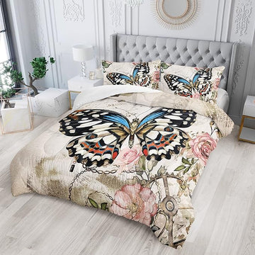 Butterfly Comforter Set for Girls Kids Adults Butterfly Rose Bedding Set Aesthetics Butterflies Quilt Duvet Set Queen Size with 1 Comforter and 2 Pillowcases