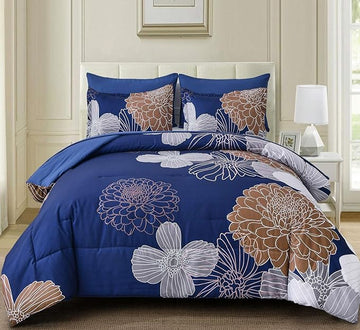 Yiran 7 Pieces Floral Comforter Bedding Sets Bed in a Bag Navy Brown Soft Microfiber Comforter Set with Comforter, Sheets, Pillowcases & Shams King Size 103"×90"