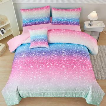 PERFEMET Blue Green Twin Comforter Set for Girls, 6 Pcs Colorful Rainbow Kids Bedding Sets, Tie Dye Ombre Twin Comforter Set with Sheets, Gradient Glitter Bed Sets for Bedroom Decoration