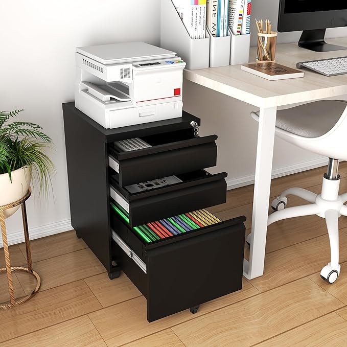 3 Drawers Mobile File Cabinet, Rolling File Cabinet Fully Assembled Under Desk, Metal Filing Cabinet with Lock for Home Office Organizer Letters/Legal/A4 (Black)
