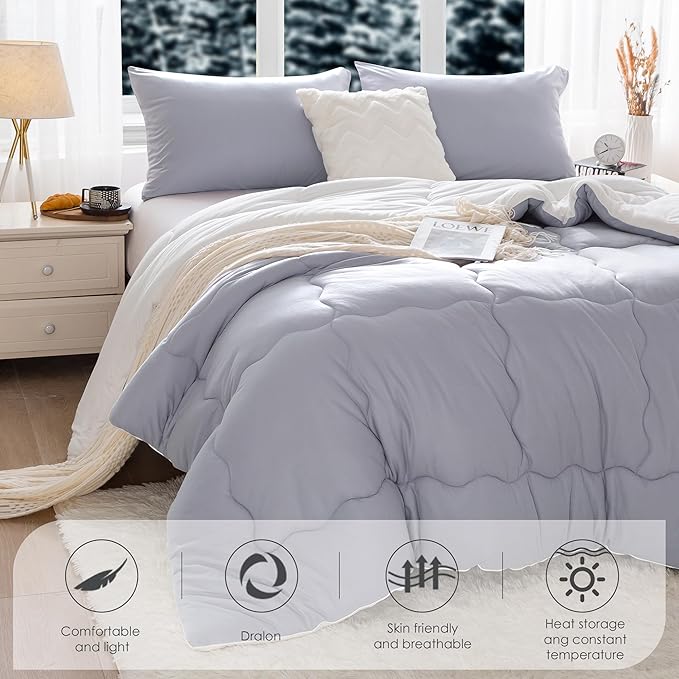 COTTEBED Winter Reversible Queen Bed Comforter Set, Warm Milk Cup Ultra-Soft Breathable Fluffy Cosy Full Size Bedding 1 Down Alternative Comrter & 2 Pillow Sham Winter Use Gray and White