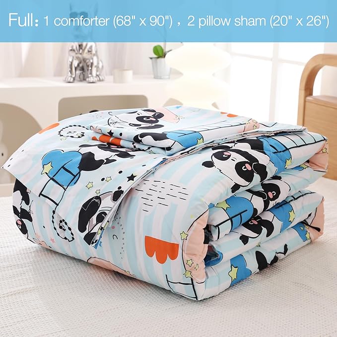 JSD Cute Panda Kids Comforter Set, 3 Pieces Full Microfiber Comforter with Pillow Shams, Soft Comfortable Machine Washable