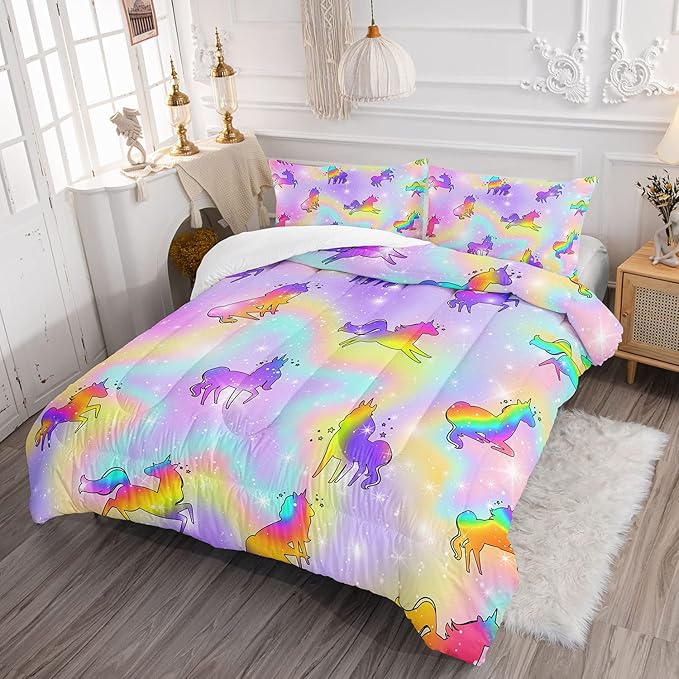 Datura home Unicorn Rainbow Comforter Bedding Set for Girls Kids Children Teens,Sky Glitter Star Colorful Bedding Set with 1 Comforter and 2 Pillowcases(Unicorn3 Twin)