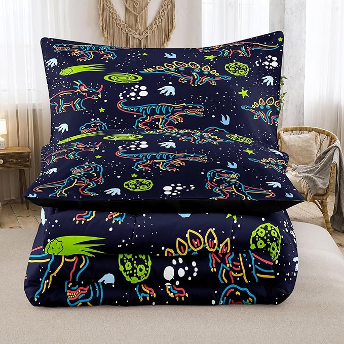 NINENINE Dark Blue Dinosaur Bedding Sets for Kids Boys,Retro Dinosaur Bedding Comforter,Full Size Bedding Sets for Boys Kids, with 1 Comforter 2 Pillowcases…