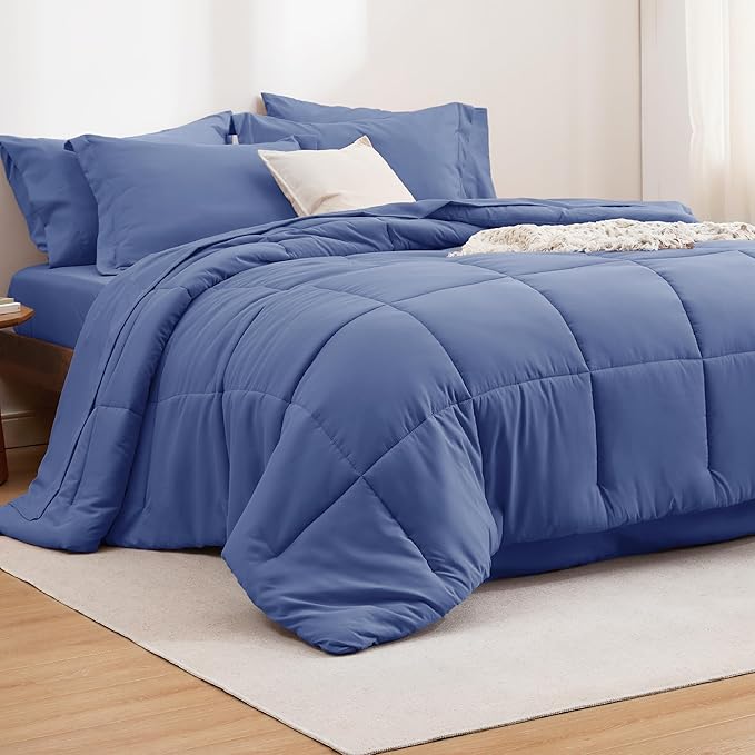 Bedsure Infinity Blue Full Size Comforter Set - 7 Pieces Solid Full Bed in a Bag, Full Bed Set Infinity Blue with Comforters, Sheets, Pillowcases & Shams