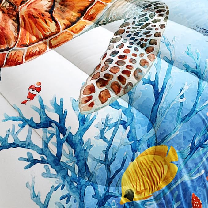 CVHOUSE Sea Turtle Comforter Set,Ocean Watercolor Sea Turtle Bedding Set for Kids Teens,Ocean Sea Turtle Comforter Sea Turtle Duvet Set Room Decor Quilt Set Queen Size