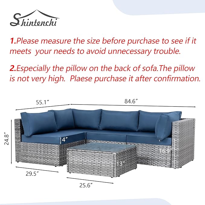 Shintenchi 5 Pieces Outdoor Patio Sectional Sofa Couch, Silver Gray PE Wicker Furniture Conversation Sets with Washable Cushions & Glass Coffee Table for Garden, Poolside, Backyard (Aegean Blue)