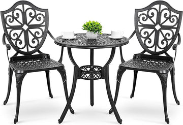Nuu Garden Bistro Set 3 Piece Outdoor, Cast Aluminum Patio Bistro Sets with Umbrella Hole, Bistro Table and Chairs Set of 2 for Patio Backyard