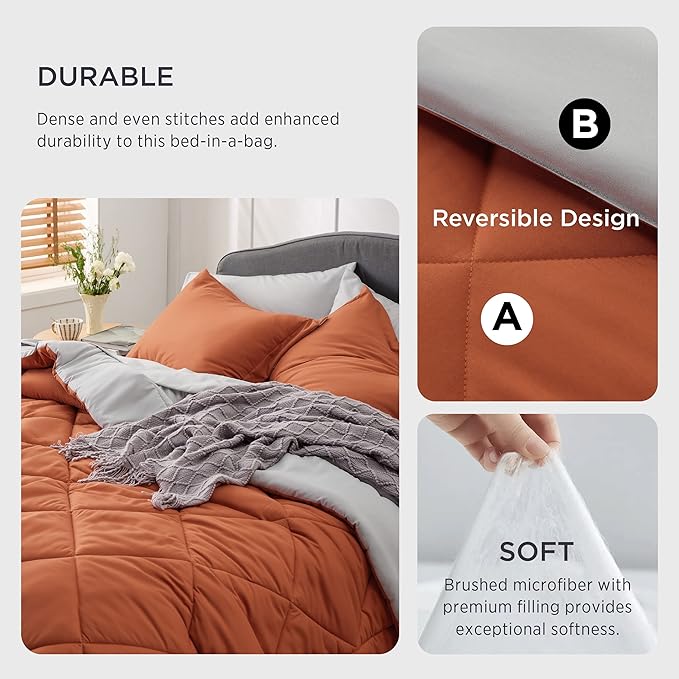 Bedsure Burnt Orange Full Size Comforter Set - 7 Pieces Reversible Full Bed in a Bag Full Bed Set with Comforters, Sheets, Pillowcases & Shams, Full Bedding Sets