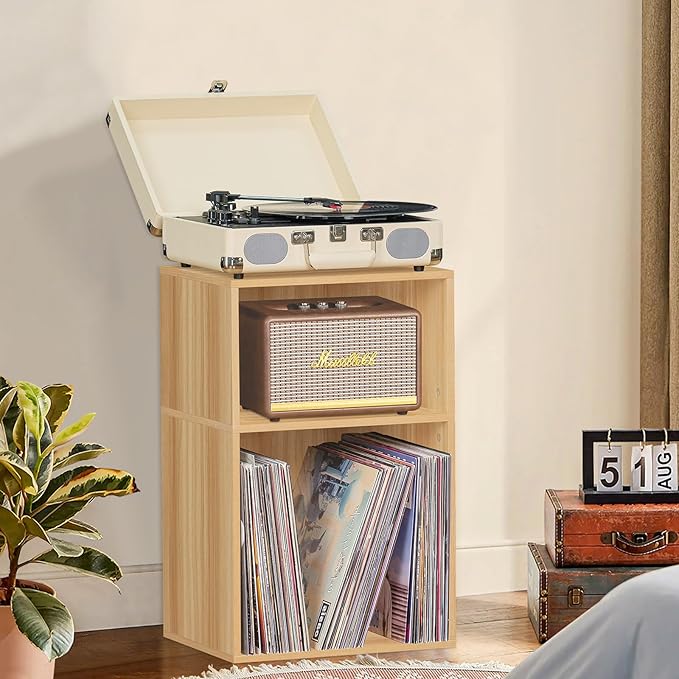 LEYAOYAO 2 Cube Bookshelf,Natural Record Player Stand Holds up to 100 Albums, Mini Wood Book Shelf Storage Organizer,Turntable Stand with Vinyl Storage Cabinet, Narrow Open Bookcase for Small Spaces