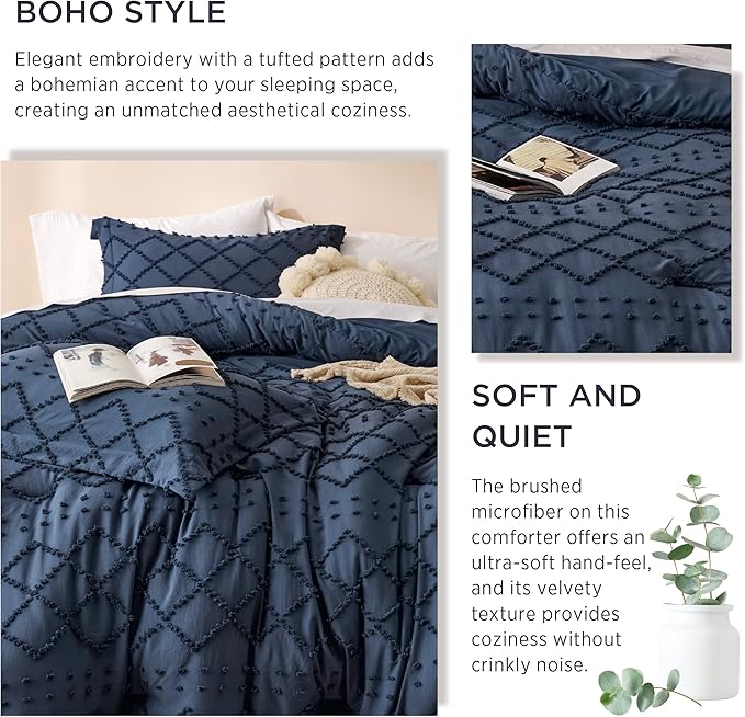 Bedsure King Size Comforter Set - Navy Blue Comforter, Boho Tufted Shabby Chic Bedding Comforter Set, 3 Pieces Farmhouse Bed Set for All Seasons, Fluffy Soft Bedding Set with 2 Pillow Shams