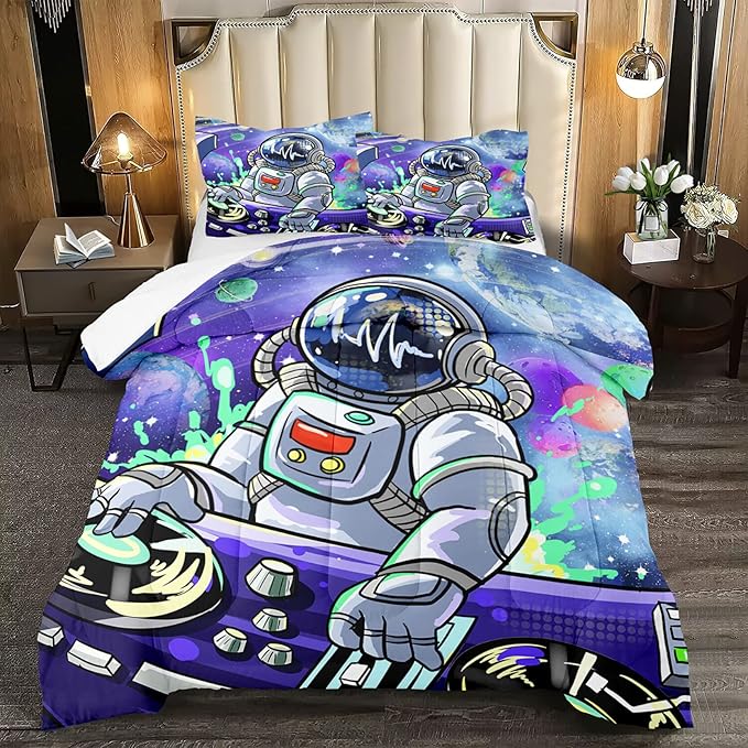 Outer Space Astronaut Full Comforter Sets for Teens Boys Galaxy Astronaut Space Bedding Themed Bedroom Decor Kids Comforter Sets Boys Room, 1 Comforter 2 Pillowcases